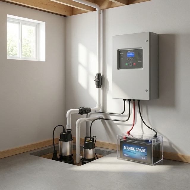 battery backup sump pump installation Florida - complete system components