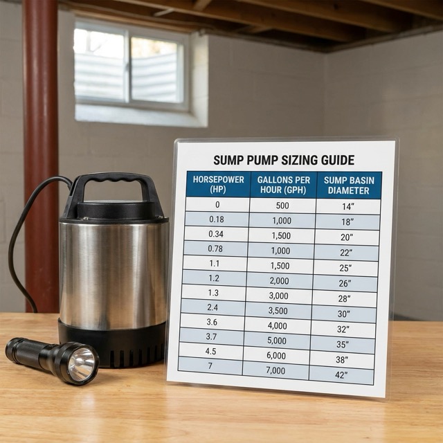 sump pump sizing guide Delaware - horsepower and GPH comparison chart