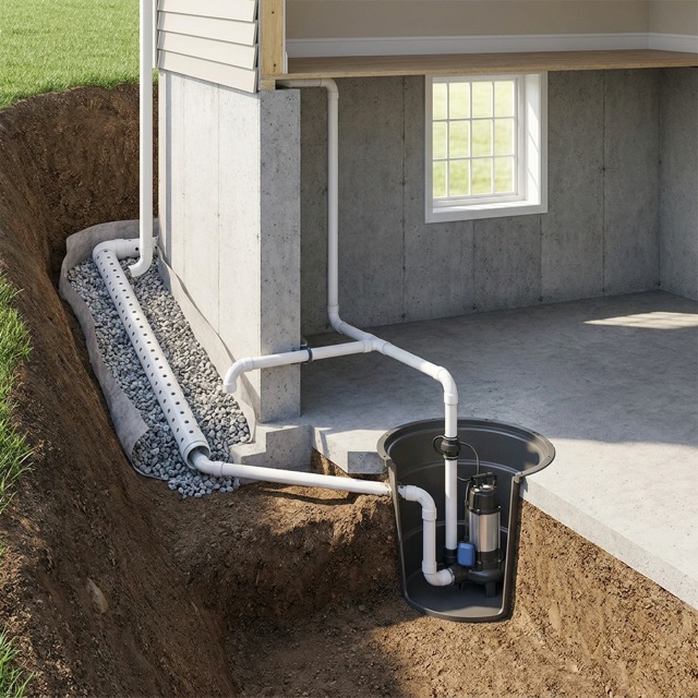 sump pump and french drain together Ohio - combined system diagram